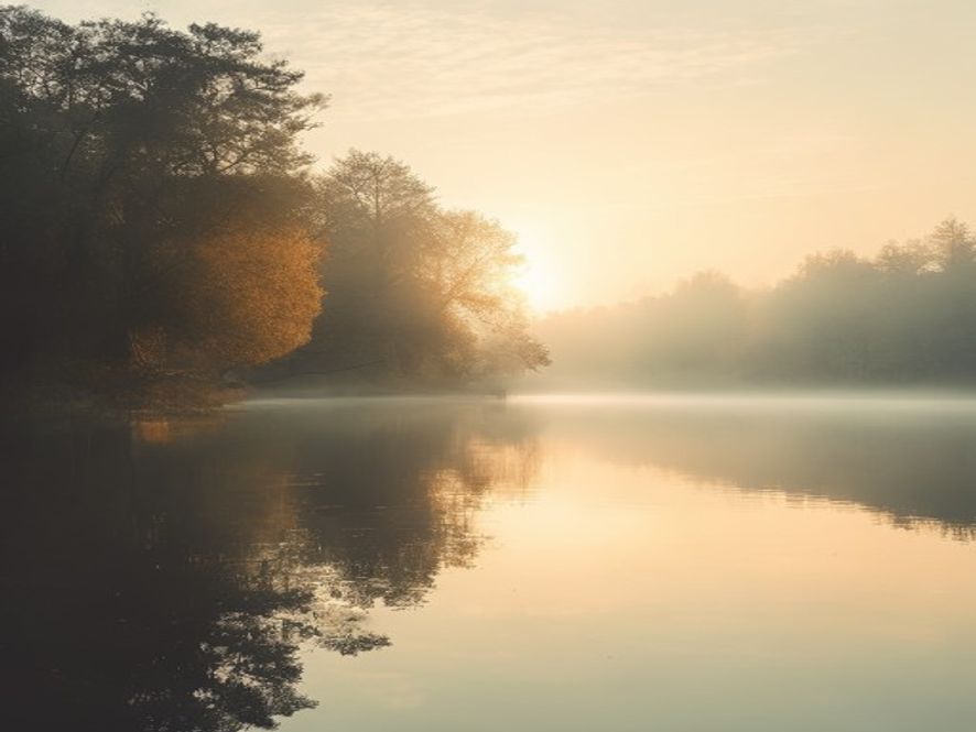 Peaceful dawn scene over water with morning light breaking through trees