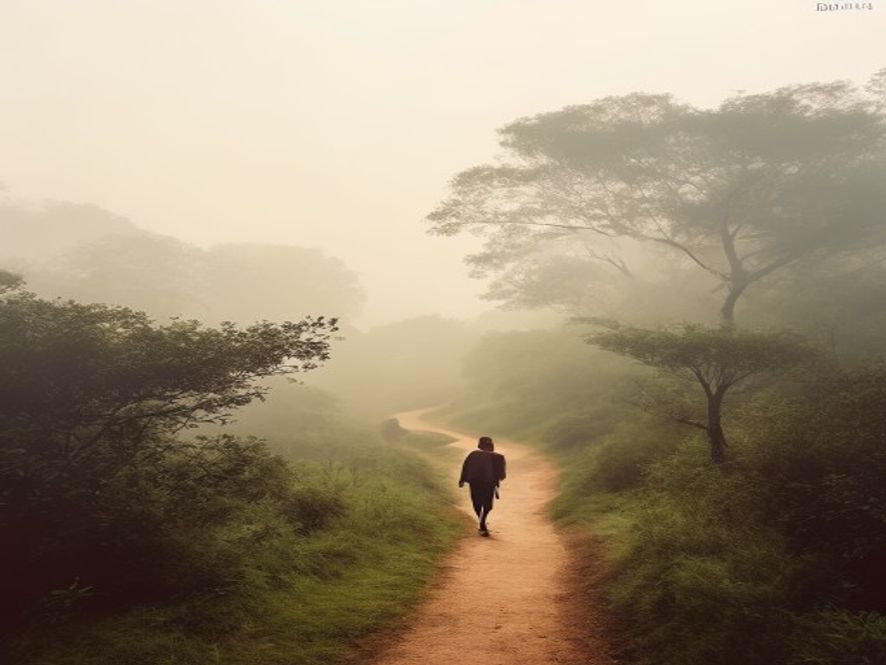 Group of walkers on a misty morning trail surrounded by native trees
