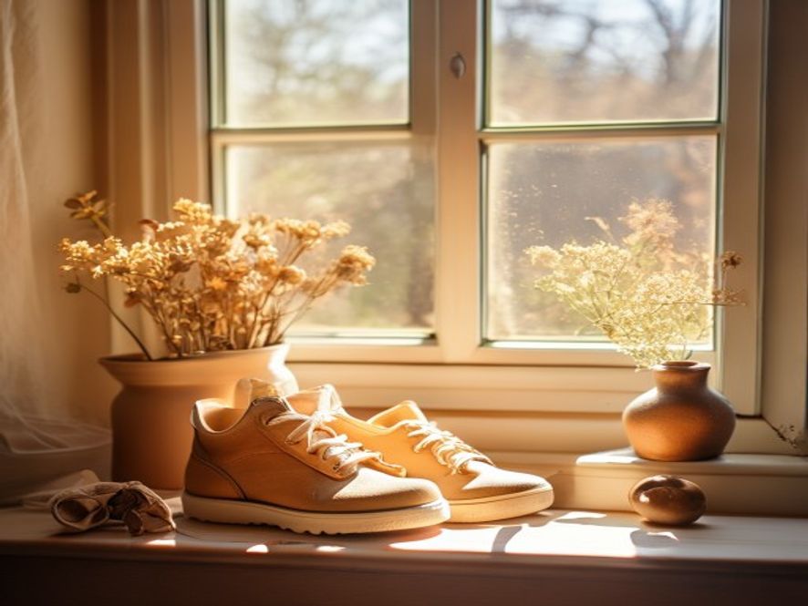 Comfortable walking shoes and outdoor gear laid out by a window with morning light